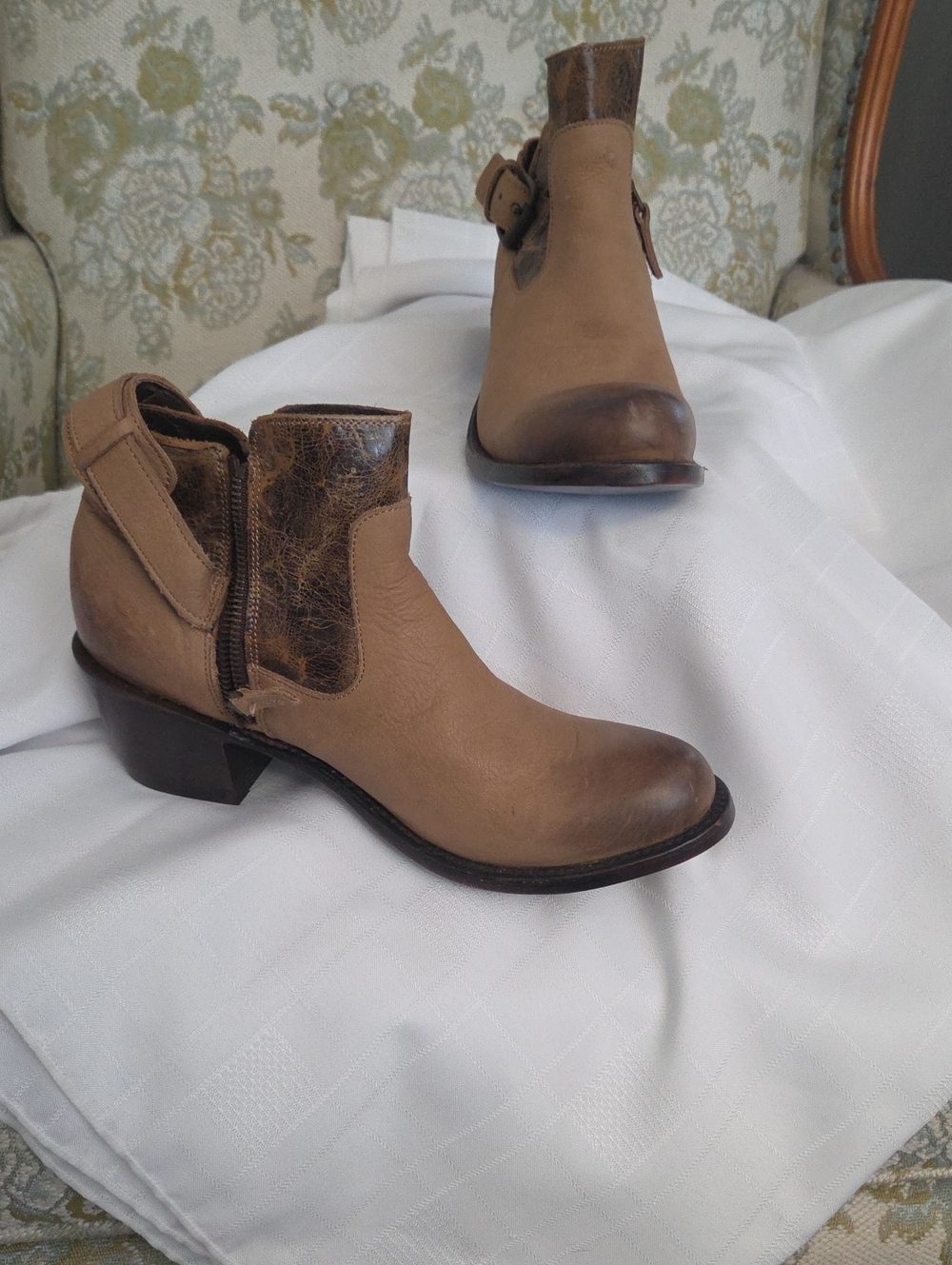 J.B. Dillon Tan Leather Ankle Booties with Distressed Accents